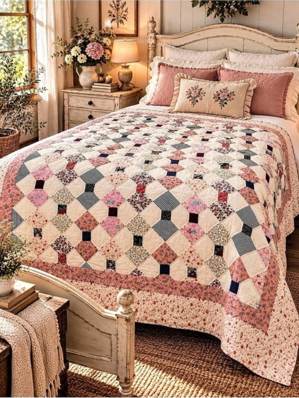 Vintage Patchwork Quilt 64x82 Floral Bow Tie Cottagecore Granny Chic Farmhouse